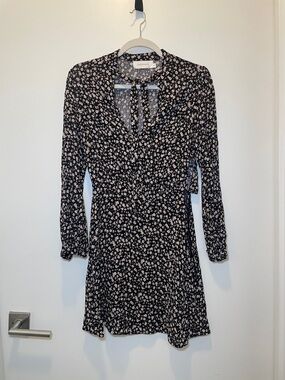 Zimmermann Black Long-Sleeve Floral Wrap Dress with White Print